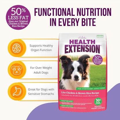 Health Extension Lite Chicken & Brown Rice Dry Dog Food, Low Fat Formula Supports Healthy Weight, with Probiotics & Superfoods for Digestion & Coat Health (15lb)