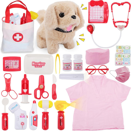 TEUVO Toy Doctor Kit for Girls - Pretend Play Doctor Sets with Dog Toy, Carrying Bag, Stethoscope Toy & Dress Up Costume - Doctor Play Gifts for Kids Toddlers Ages 1 2 3 4 5 6 7 Year Old for Role Play