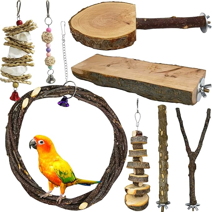 kathson 8PCS Wood Bird Perch Natural Parakeet Perches Bird Swing Chew Toys Natural Paw Grinding Stick Cage Accessories for Parrot Cockatiels Budgie Conure Finches Lovebirds