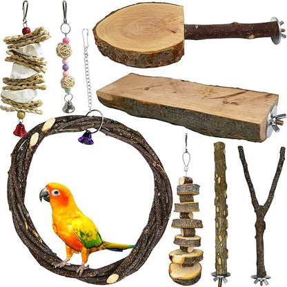 kathson 8PCS Wood Bird Perch Natural Parakeet Perches Bird Swing Chew Toys Natural Paw Grinding Stick Cage Accessories for Parrot Cockatiels Budgie Conure Finches Lovebirds