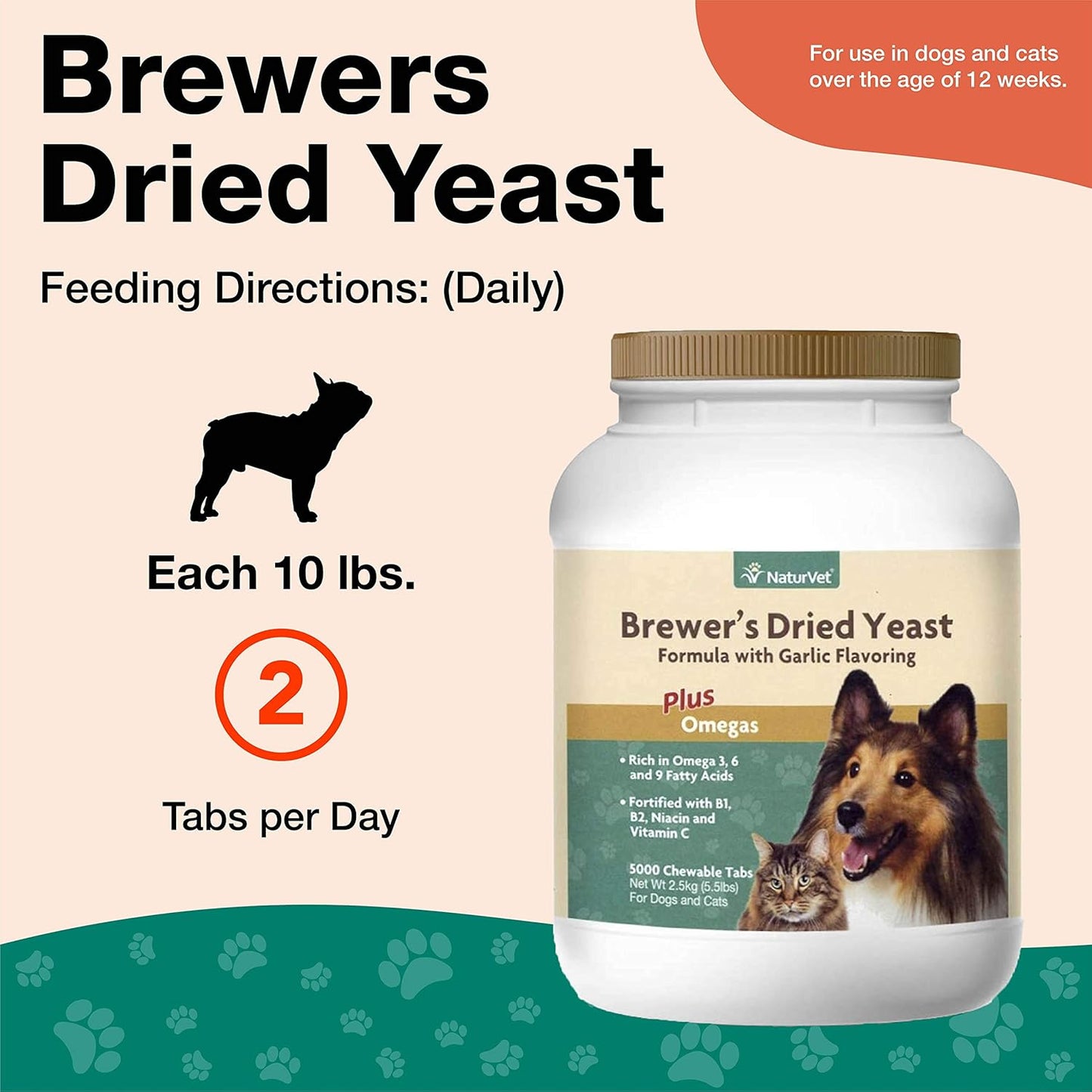 NaturVet – Brewer’s Dried Yeast Formula with Garlic Flavoring – Plus Omegas | Rich in Omega-3, 6 & 9 Fatty Acids | Fortified with B1, B2, Niacin & Vitamin C | For Dogs & Cats | 5000 Chewable Tablets