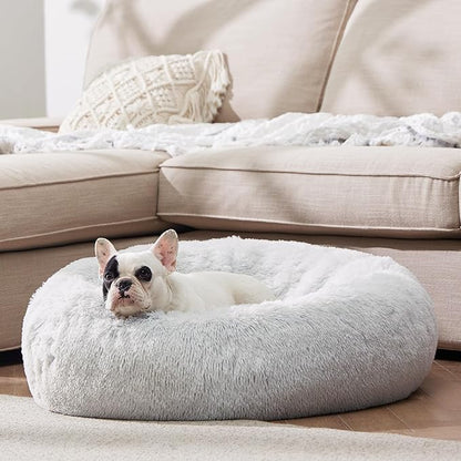 Bedsure Calming Dog Bed for Medium Dogs - Donut Washable Medium Pet Bed, 30 inches Anti-Slip Round Fluffy Plush Faux Fur Cat Bed, Fits up to 45 lbs Pets, Frost Grey