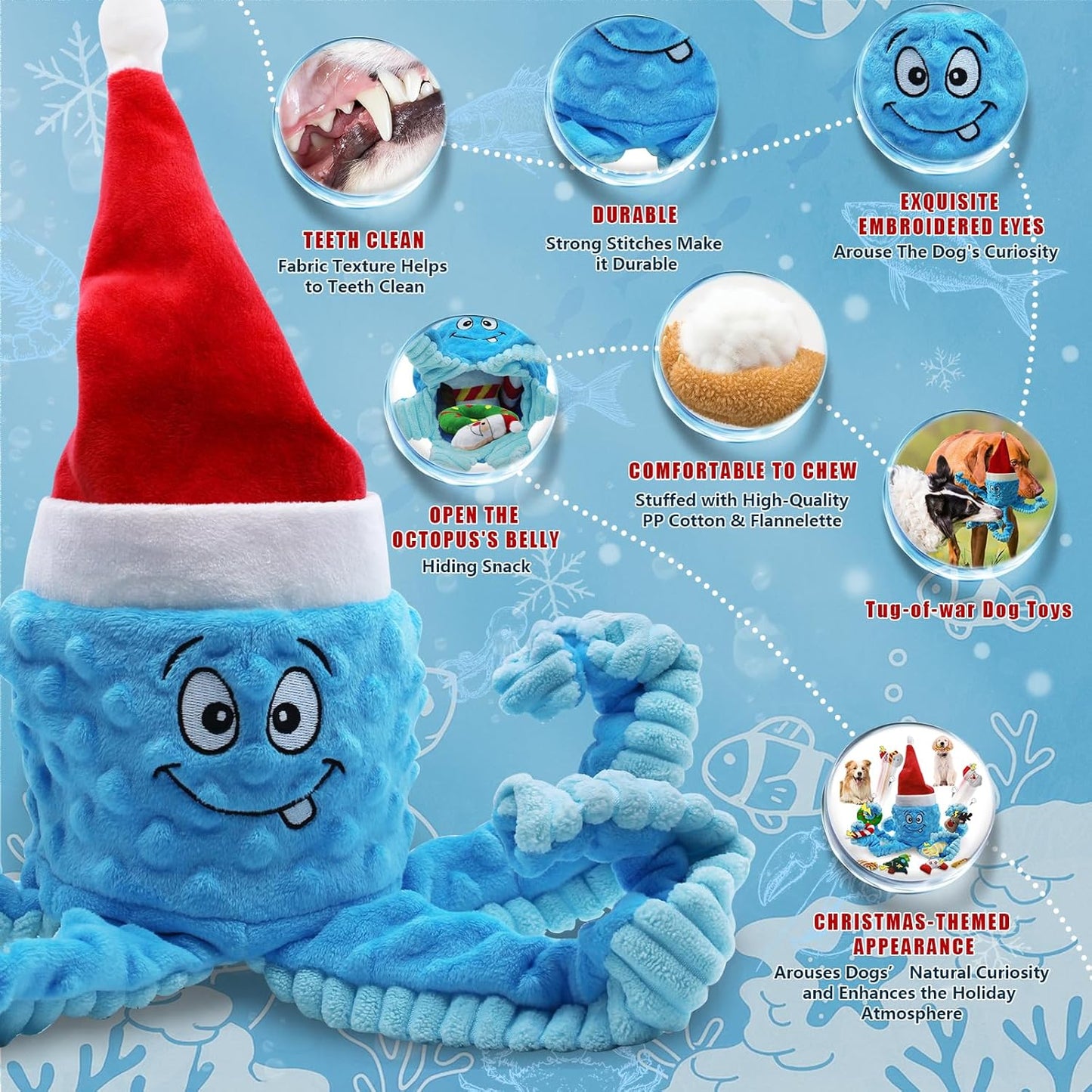 Squeaky Dog Toys, Christmas Octopus Dog Toy with 10 Pcs Small Dog Toy, Interactive Tug of War Dog Plush Toy, Crinkle Dog Toy Plush Dog Toys (Blue)
