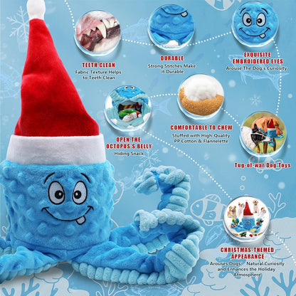 Squeaky Dog Toys, Christmas Octopus Dog Toy with 10 Pcs Small Dog Toy, Interactive Tug of War Dog Plush Toy, Crinkle Dog Toy Plush Dog Toys (Blue)