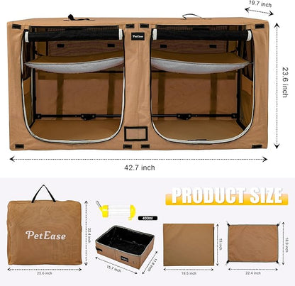 Huge Sapce Double Compartment Cat Travel Carrier with Litter Box & Homack | Cat Show Kennel Cage Crate with Mat & Water Bottle