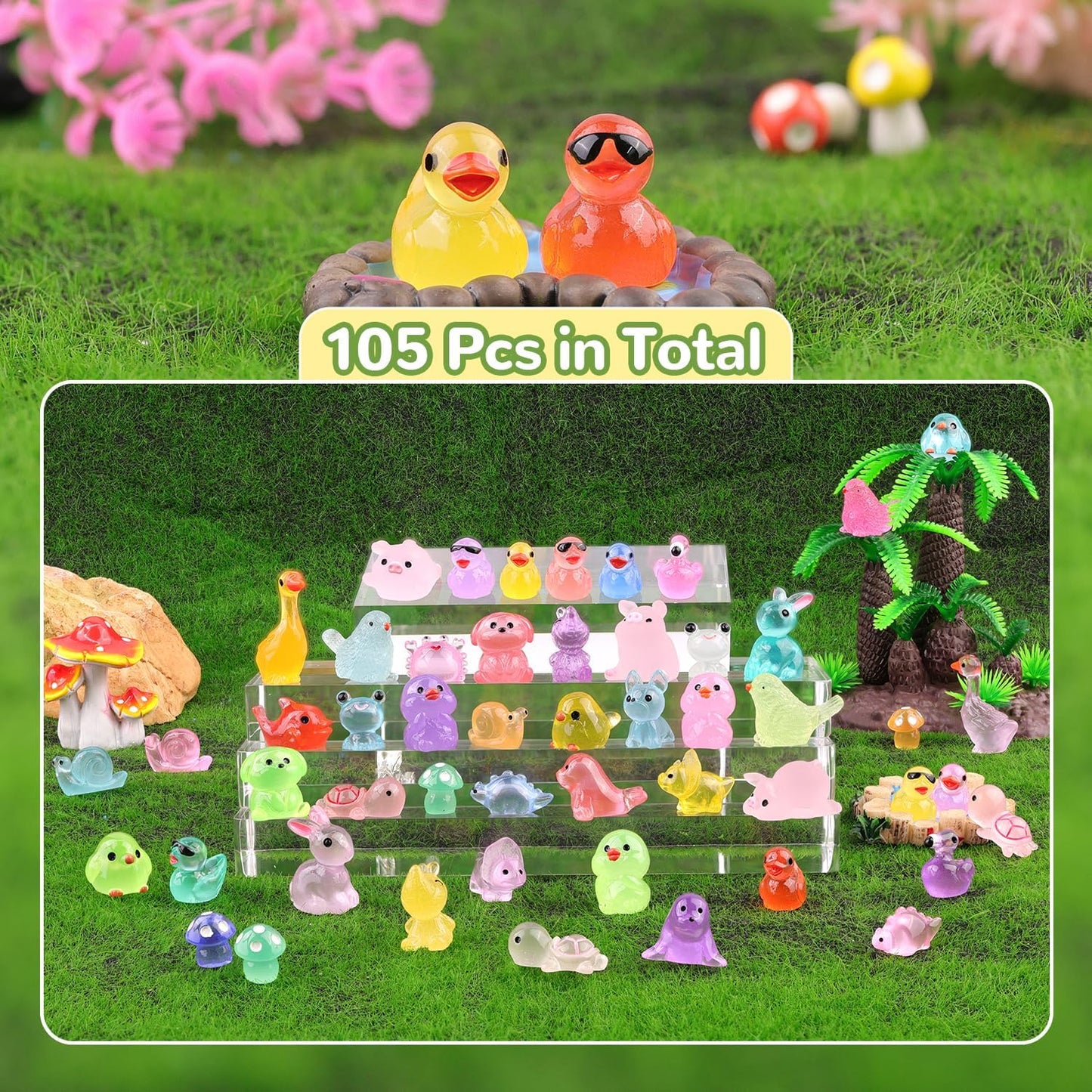 105PCS Mini Resin Animals Tiny Cute Figurines Glow in Dark, Miniature Figures to Hide, Little Animal Toys Small Accessories for Topper Desk Garden Dollhouse Landscape Aquarium Ornaments Crafts & Decor