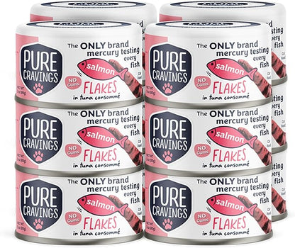 Pure Cravings Salmon Flakes in Tuna Consommé, Canned Wet Cat Food Soup, 100% Mercury-Tested, Moist Can Fish, Grain-Free Protein, Non-GMO, 3oz, Pack of 12
