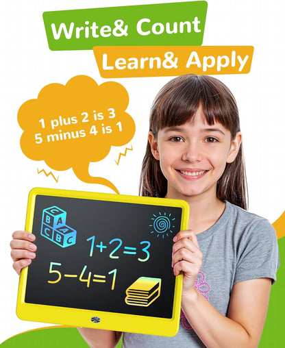 KOKODI LCD Writing Tablet, 12 Inch Colorful Toddler Doodle Board Drawing Tablet, Erasable Reusable Electronic Drawing Pads, Educational and Learning Toy for 3-6 Years Old Boy and Girls(Yellow)