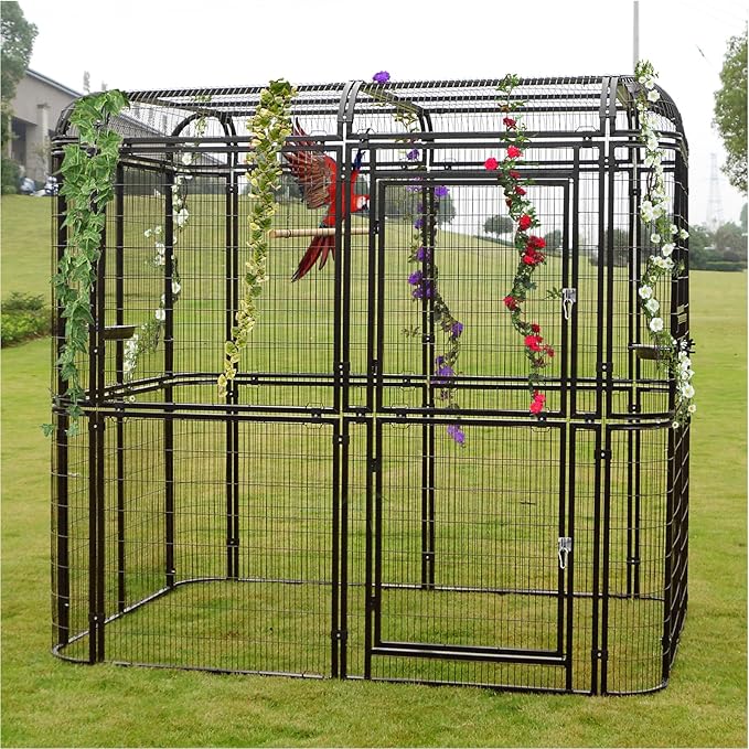 Large Walk-in Cage 87-inch Heavy Duty Bird Cage Outdoor Aviary Parrot Cage Wide Flight Metal Birdcage with Stand for Macaw Budgie Conure Lovebird Parakeet Cockatiel, 7.22x5.25x6.8ft, Black