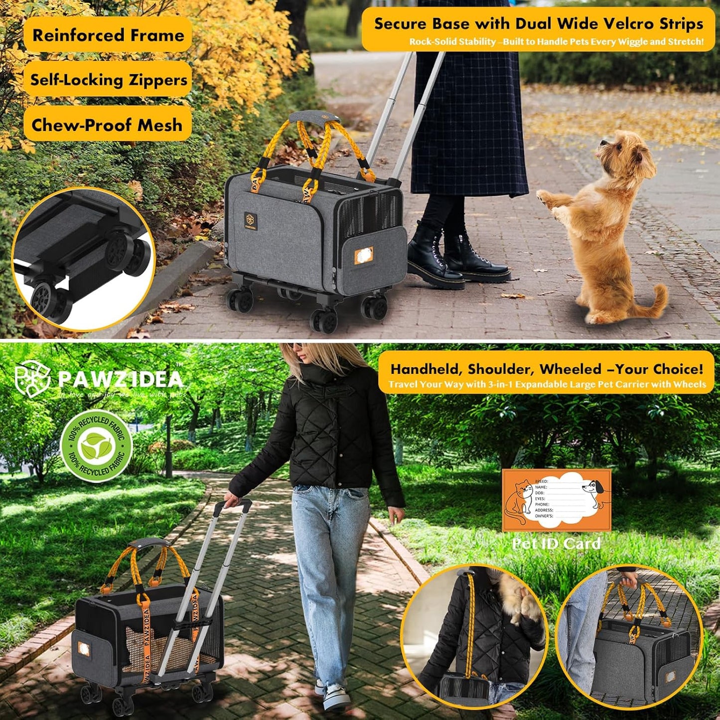 PAWZIDEA Expandable Pet Carrier with Wheels, 18"X11"X11" TSA-Approved Cat Carrier for 2 Cats Under Seat, Soft-Sided Top Load Dog Carrier for Small Dogs Rolling Travel Bag w/Telescopic Handle, ID Card