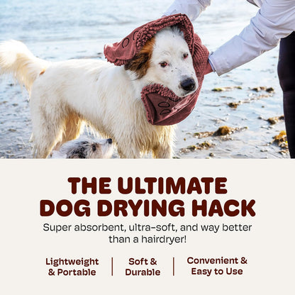 Dog Gone Smart The Dirty Dog Shammy - Fast Drying Plush Shammy Towel with Dual Hand Pockets and Elastic - Super Absorbent Microfiber and Machine Washable - Brown