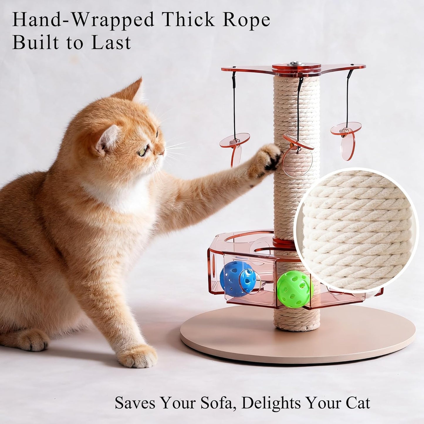 Modern 3-in-1 Interactive Cat Toy with Scratching Post, Rotating Cat Puzzle Toys for Indoor Cats with Colorful Jingle Balls, Spinning Teaser Disc with Dangling Toys, Acrylic, Pink