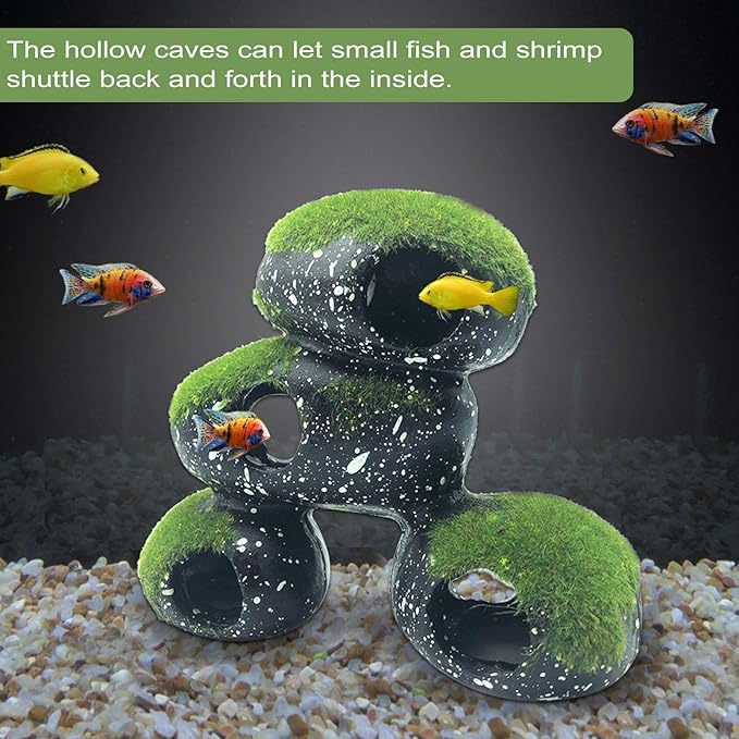 PINVNBY Stone Aquarium Hideaway Decoration Resin Cichlids Rock Decor with Artificial Moss Betta Cave Hideout Shelter Tunnel Fish Tank Ornament for Shrimp,Short Bream and Crayfish(L)