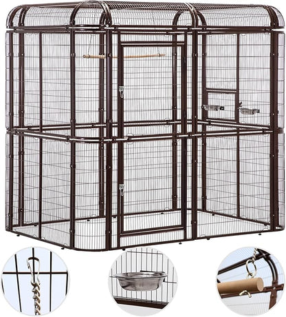 Large Walk-in Cage 87-inch Heavy Duty Bird Cage Outdoor Aviary Parrot Cage Wide Flight Metal Birdcage with Stand for Macaw Budgie Conure Lovebird Parakeet Cockatiel, 7.22x5.25x6.8ft, Brown