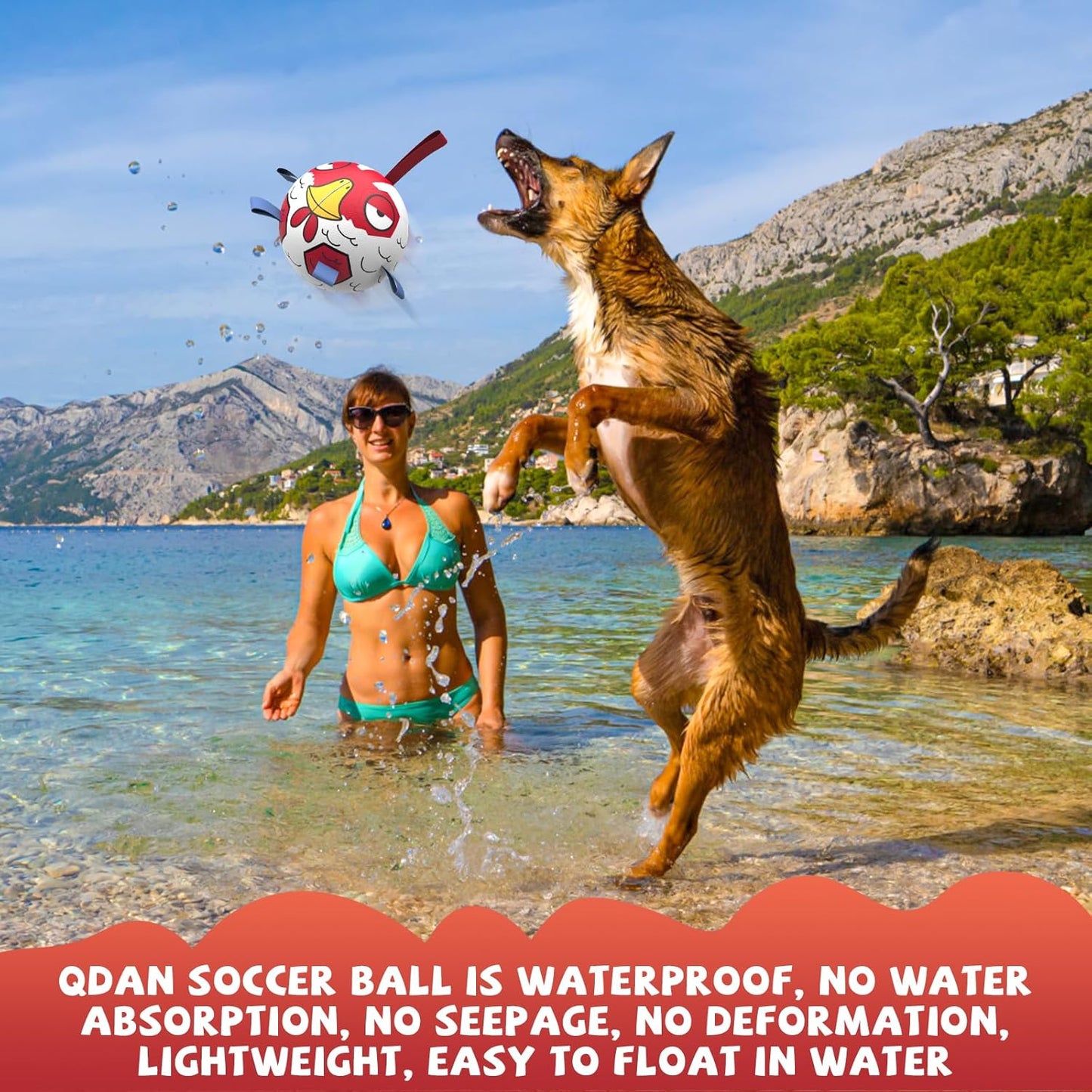 QDAN Chicken Dog Toys Soccer Ball with Straps, Interactive Dog Toys for Tug of War, Puppy Birthday Gifts, Tug Toy, Dogs Water Toy, Durable Dogs Balls for Dog（8 Inch）