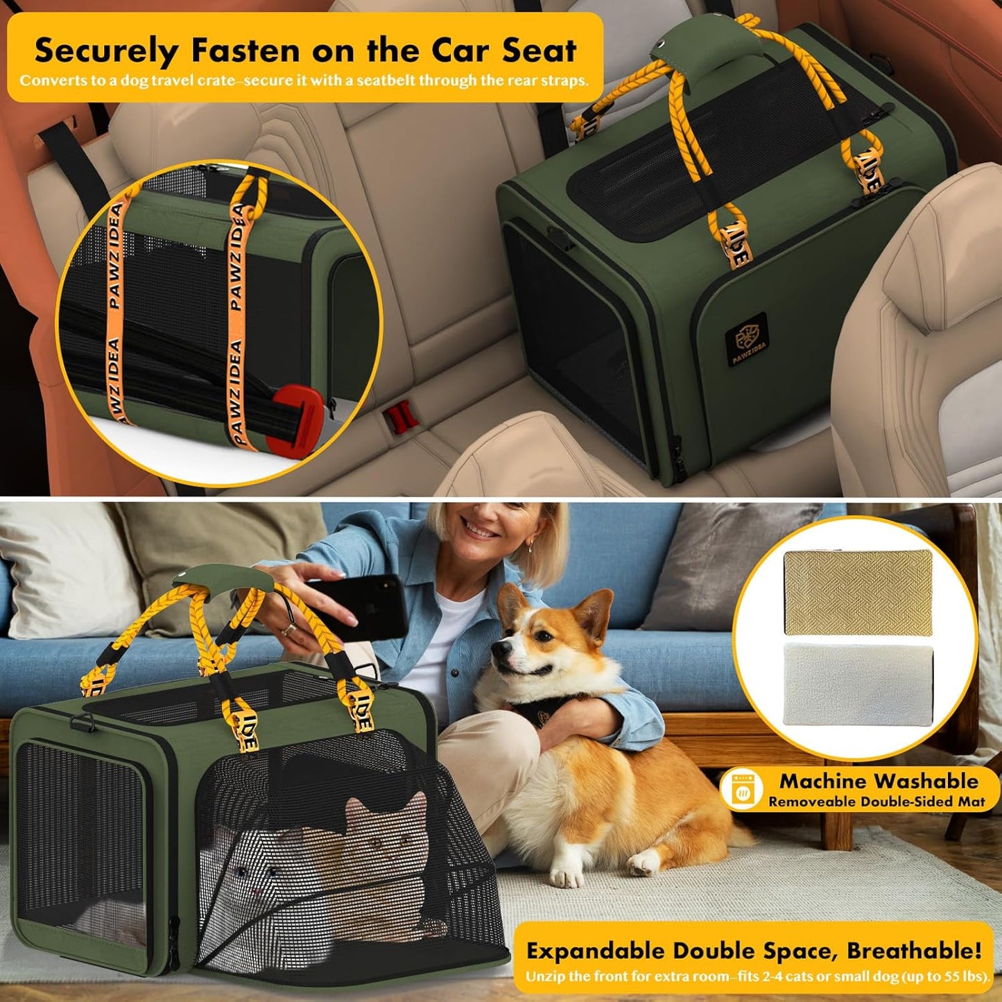 PAWZIDEA Large Pet Carrier Expandable, 24"×16"×16" Soft-Sided Cat Carrier for 2–4 Cats up 55lb, Portable & Collapsible Small Medium Dog Travel Crate for Car, XL Storage Pocket, ID Card, Shoulder Strap