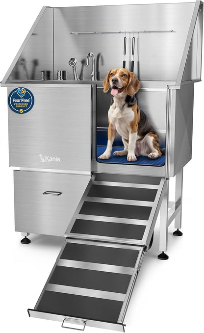 KANIS Professional Dog Washing Station - 304 Stainless Steel Pet Wash Sink & Grooming Bathtub w/Shower, Floor Grates and Storage for Large, Medium & Small Pets (40", 1 Drawer - Right Ramp)