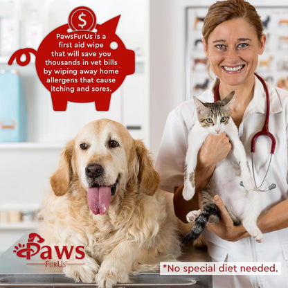 PawsFurUs® All-Natural Pet Wipes for Dogs & Cats - Doctor-Formulated for Total Pet Care with Antifungal & Antibacterial Protection, pH Balancing, Moisturizing, Deodorizing & Fast Itch Relief - 72ct.
