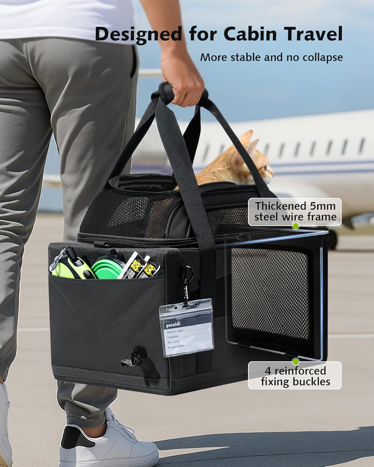 Pecute Expandable Pet Carrier Airline Approved Dog Cat Carrier, Breathable Soft-Sided with Locking Zippers, Pet Travel Bag for Small Dog Cat Anti-Scratch Mesh Leakproof Pee Pad (Dark Gray)