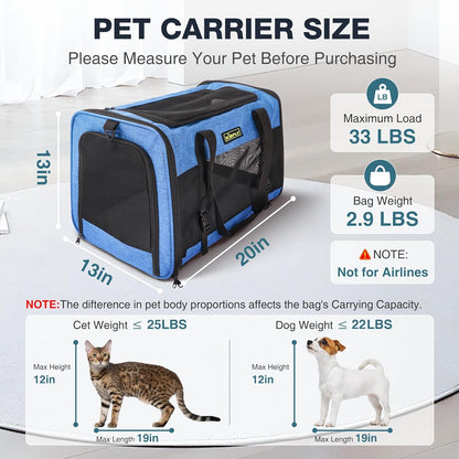 Dog Carriers for Small Dogs, Large Cat & Bunny, Foldable Soft-Sided Pet Travel Bag, up to 25lbs (20"x13"x13"), Breathable and Anti-Scratch Mesh, Perfect for Road Trips, Portable, Blue