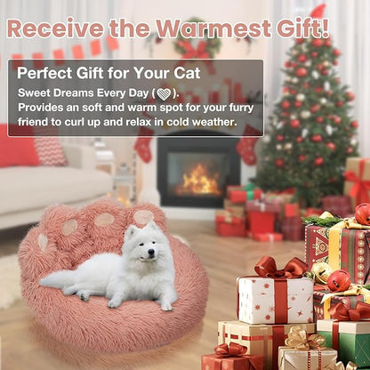 Calming Dog Bed Cat Bed Medium Size Dog - Donut Washable Medium Pet Bed, Warm Kitten Nest 24 inches Anti-Slip Round Fluffy Plush Faux Fur Cat Bed, Fits up to 25 lbs Pets, (Luxury Pink)