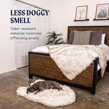 PAW Brands PupRug Orthopedic Dog Bed for Large Dogs with Fluffy Soft Faux Fur and Memory Foam for Joint Pain Relief, Machine Washable and Waterproof Couch Bed, White with Brown Accents, Medium