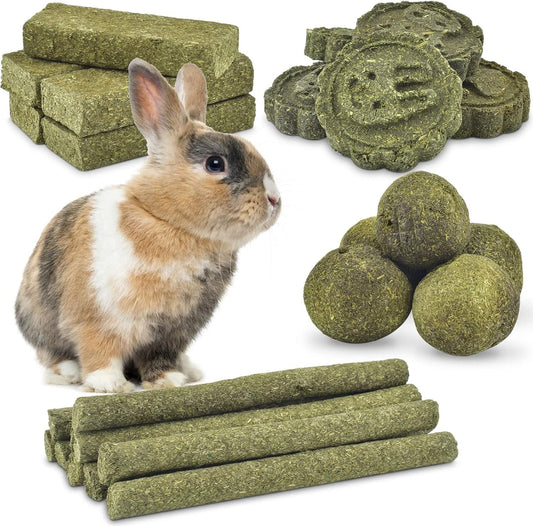 ERKOON 25Pcs Bunny Chew Toys, 100% Natural Timothy Hay Biscuit&Treats Sticks, Chew Toy for Teeth for Rabbit Chinchilla Guinea Pig Hamster Gerbil Squirrel, 8.5oz