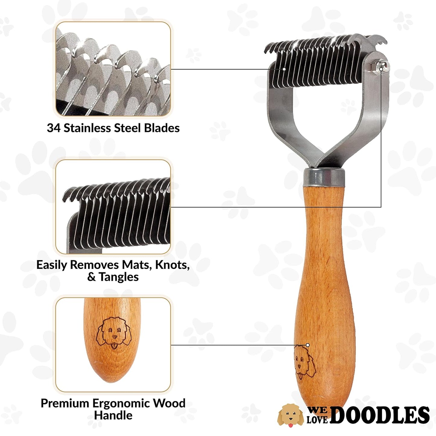 Pet Dematting Comb for Dogs and Cats with Wood Handle, Deshedding Undercoat Rake for Dogs with Stainless Steel Blades, Dog Comb for Detangling Thinning and Shedding, All Hair Types [We Love Doodles]