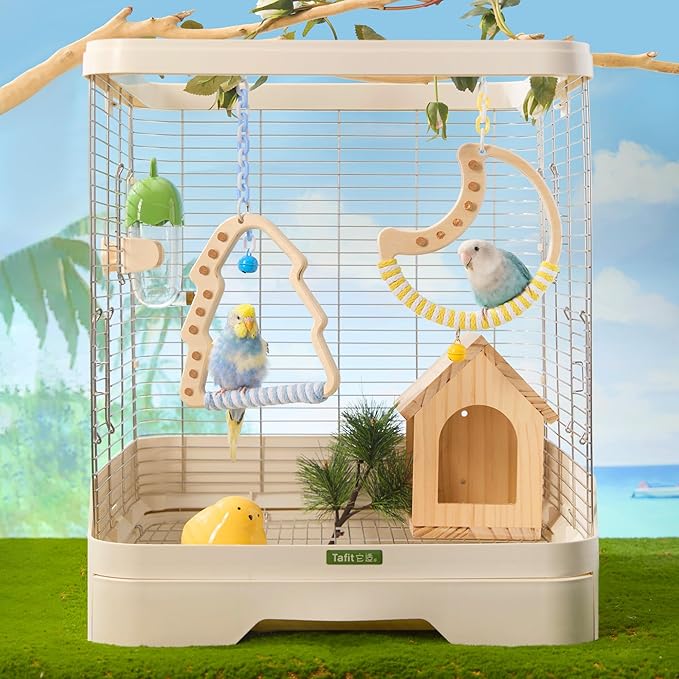 Natural Bird Swing - Moon-Shaped Parrot Perch with Bell and Cork Toys, Spinning Wooden Stand for Parakeets, Budgies, Lovebirds and Small/Medium Birds (White + Purple)