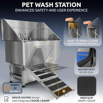 KANIS Professional Dog Washing Station - 304 Stainless Steel Pet Wash Sink & Grooming Bathtub w/Shower, Floor Grates and Storage for Large, Medium & Small Pets (50", 2 Drawers - Left Ramp)