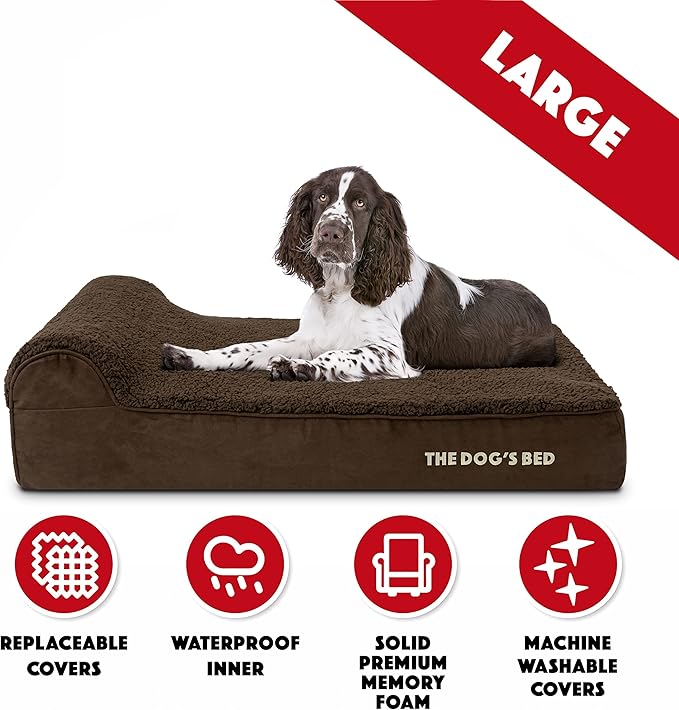 The Dog’s Bed Orthopedic Headrest Dog Bed Large Brown Plush, Memory Foam, Pain Relief for Arthritis, Hip & Elbow Dysplasia, Post Surgery, Lameness, Waterproof Washable Cover