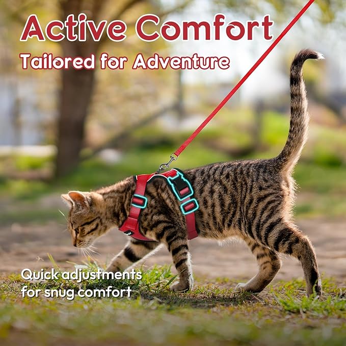 Dooradar Cat Harness and Leash Set, Escape Proof Safe Adjustable Kitten Vest Harnesses for Walking, Easy Control Soft Breathable Mesh Jacket with Reflective Strips for Cats, Red, S