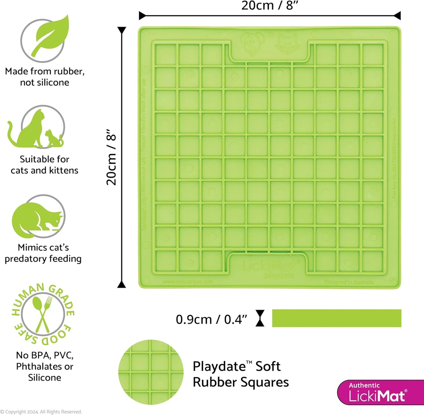 LickiMat Classic Playdate, Cat Slow Feeder Lick Mat, Boredom Anxiety Reducer; Perfect for Food, Treats, Yogurt, or Peanut Butter. Fun Alternative to a Slow Feed Cat Bowl or Dish, Green
