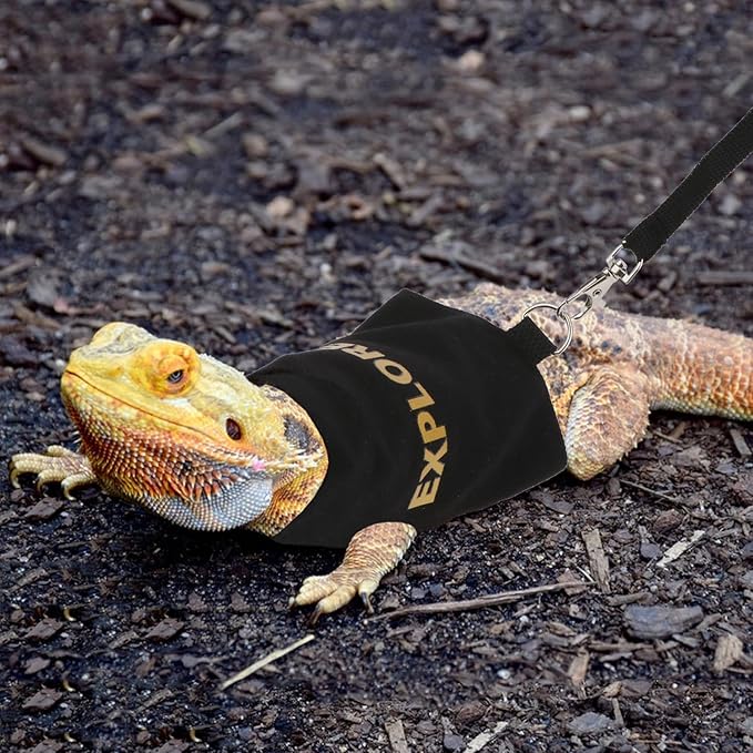 Hypeety Bearded Dragon Harness and Leash Set Adjustable Escape Proof Leash Outdoor Walking Training Leash and Harness for Bearded Dragon Lizard Reptiles Small Pets Black (Explorer)