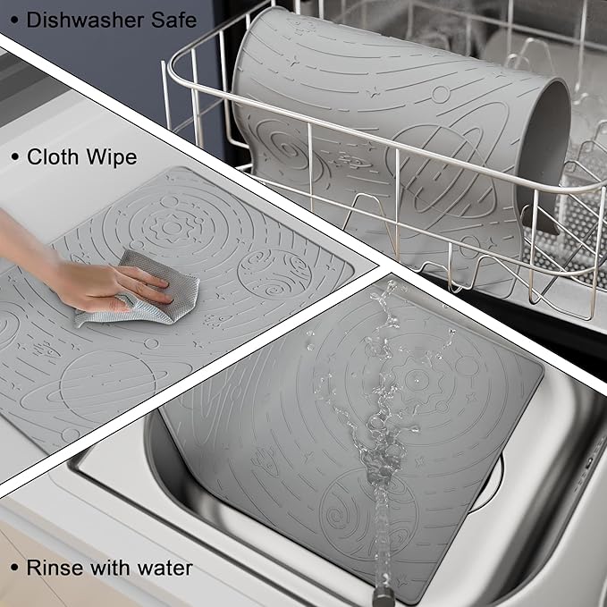 OHMO Dog Food Mat, Silicone Waterproof Cat Food Mat, Non-Skid Spill Proof Pet Feeding Mat for Food and Water, Easy to Clean Dog Placemat(Ash Light Grey, 23.6" x 15.8")