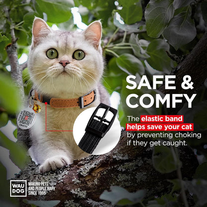 Leather Cat Collar with Bell and Safety Elastic Strap Breakaway Alternative for Small & Large Kittens, Stylish Pet Leather Collar for Boy, Girl Cats with Metal Buckle & QR ID Tag (Brown)