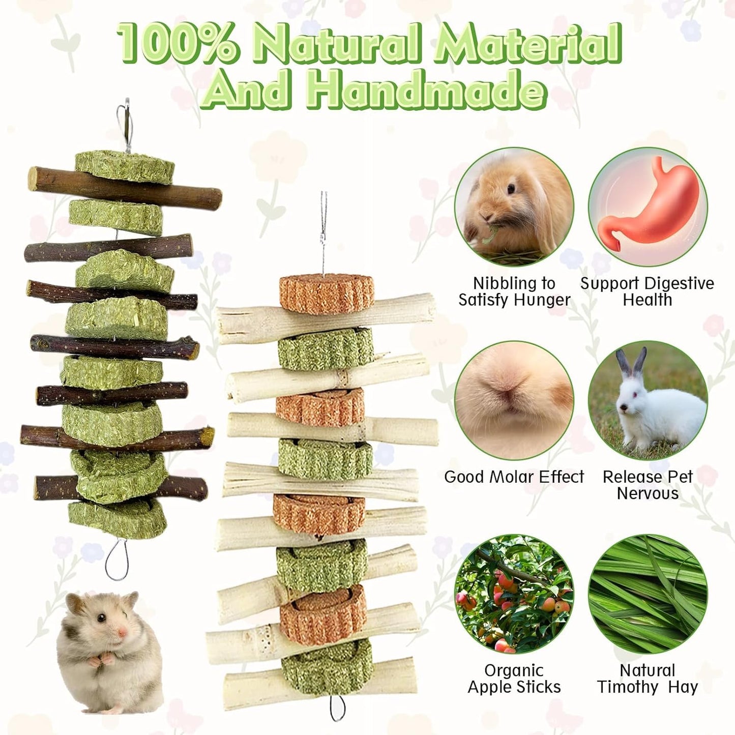 Hamiledyi 4PCS Bunny Chew Toys Rabbit Hanging Toys for Teeth Grinding Natural Apple Wood Sweet Bamboo Sticks Timothy Grass&Carrot Cake for Chewing/Improving Rodent Animals Dental Health