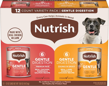 Nutrish Gentle Digestion Premium Paté and Chunks in Gravy Variety Pack Wet Dog Food, 13 oz. Can, 12 Count (Rachael Ray)