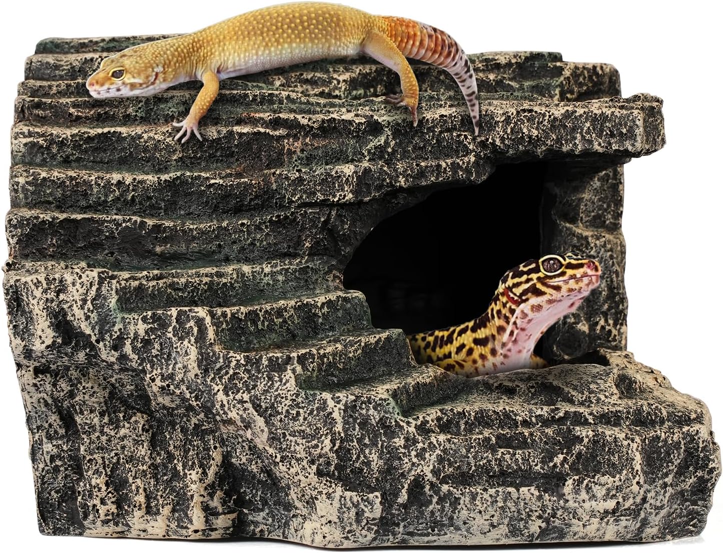 Reptile Hide, Great for Geckos, Snakes, Bearded Dragons & Lizards. with Steps for Rock Climbing, It Doubles as Aquarium Rock Cave Corner Cave for Climbing Hiding. (Stone, A-XLarge)