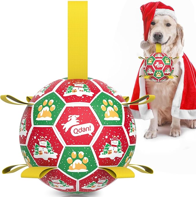 QDAN Christmas Dog Toys Balls, Puppy Toys, Soccer Ball with Straps (8 Inch)