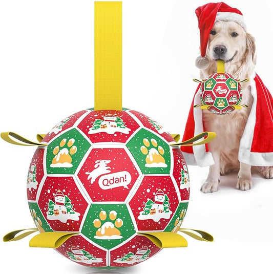 QDAN Christmas Dog Toys Balls, Puppy Toys, Soccer Ball with Straps (8 Inch)