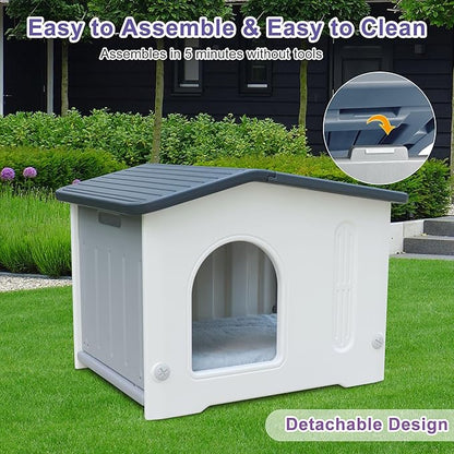 Plastic Cat House Weatherproof for Outdoor Indoor Use, Feral Cat House with Escape Door and Soft Mat, Outside Cat Shelter for Small Pet, Spacious, Assemble Easily - Grey