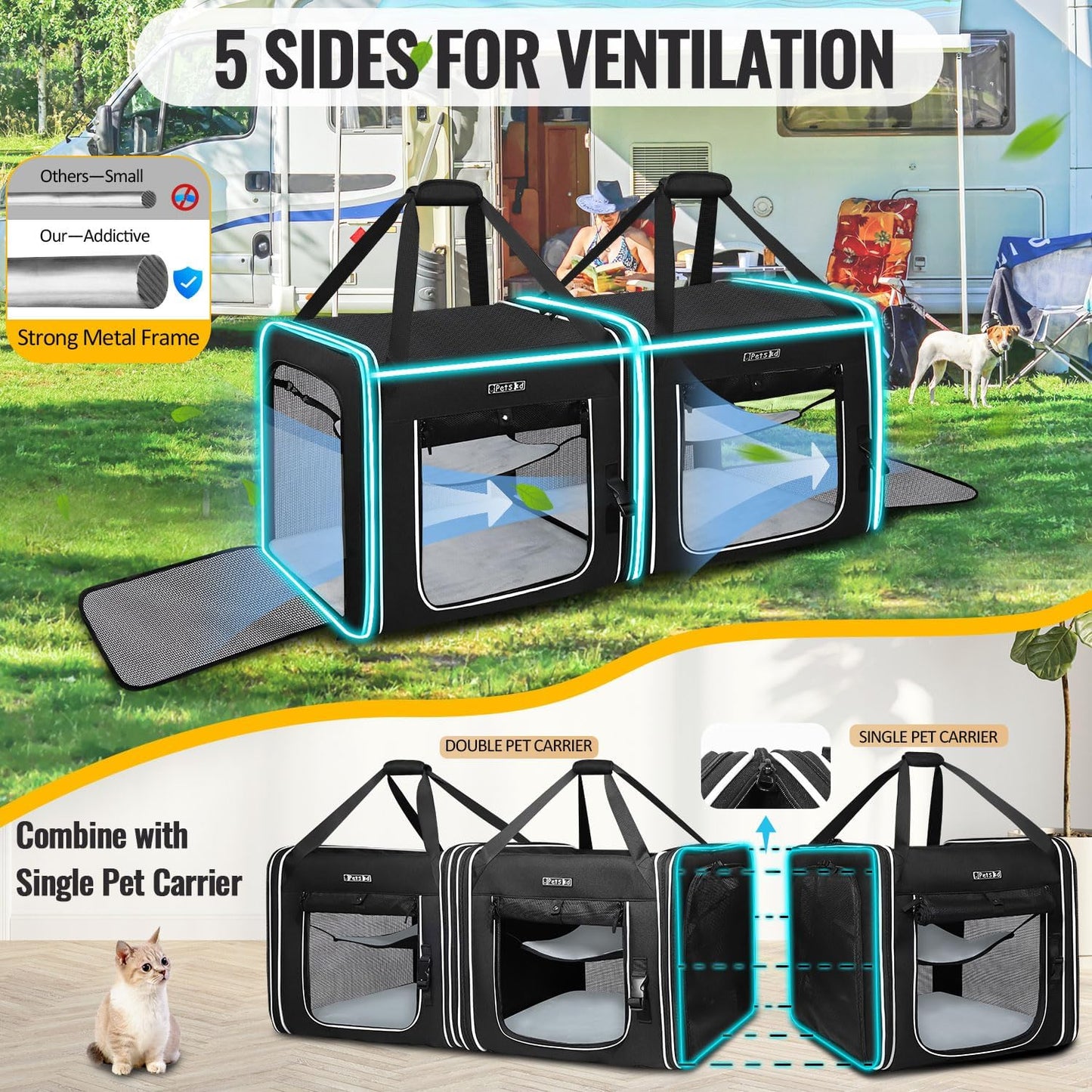 Petskd Portable Double Cat Carrier with Litter Box for Multiple Cats 2in1 Car Travel Carriers 36x17x17in Dual Large Cat Carrier with Safety Locking Zippers for Long Distance Travel