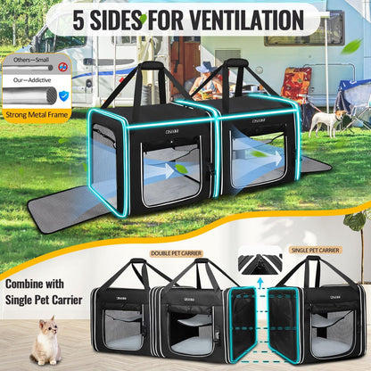 Petskd Portable Double Cat Carrier with Litter Box for Multiple Cats 2in1 Car Travel Carriers 36x17x17in Dual Large Cat Carrier with Safety Locking Zippers for Long Distance Travel