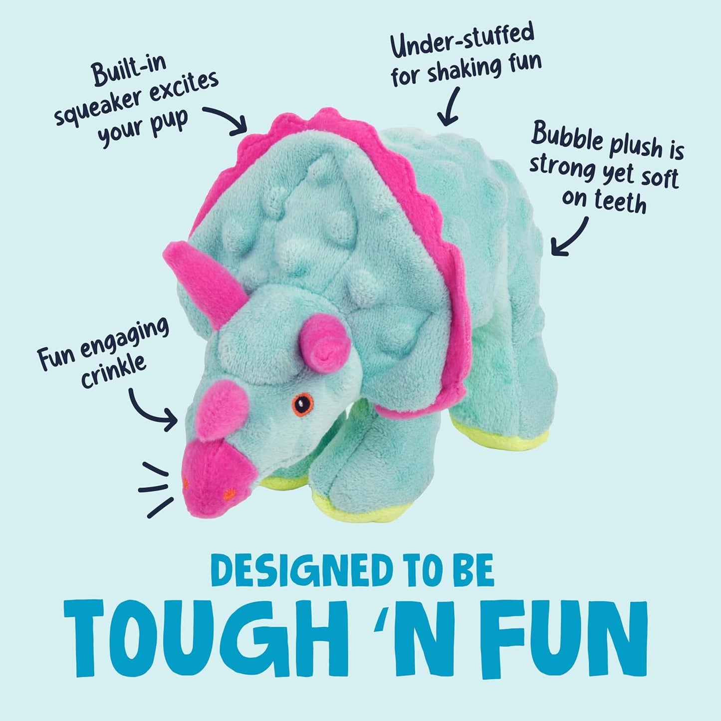 goDog Dinos Frills Squeaky Plush Dog Toy with Chew Guard Technology, Durable Fabric & Squeaker for Active Play, Teal, Small