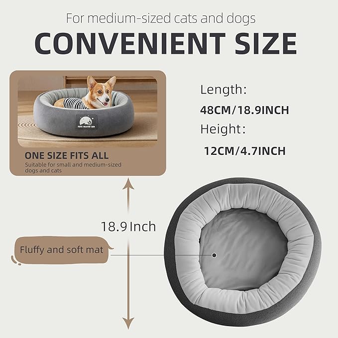 Heated Cat Bed for Small Cats, 19" Soft & Cozy Donut Pet Bed with Timer & Temp Adjustable Heating Pad for Indoor Kitten, Electric Warmer(A) (Black)