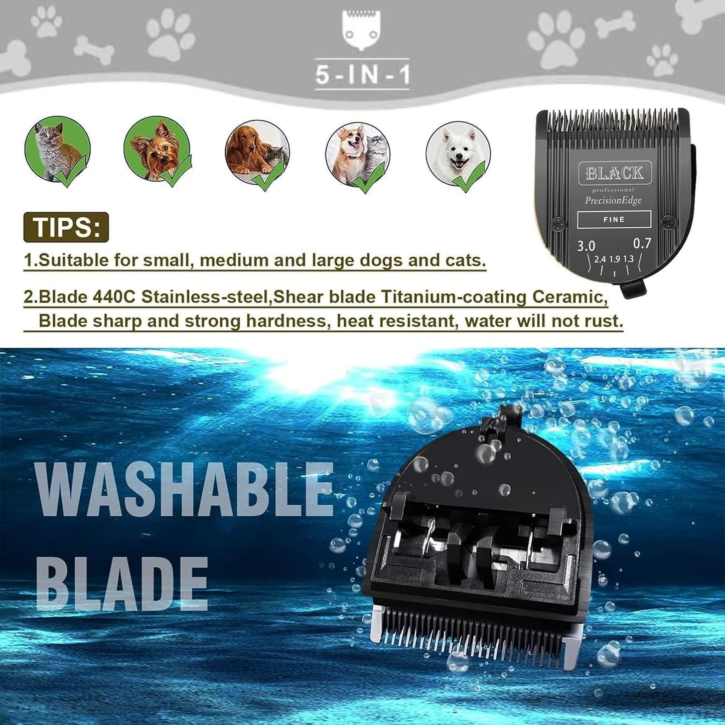 Adjustable 5 in 1 Blades Dog Grooming Blades Compatible with Wahl Animal Clipper Arco, Bravura, Chromado, Creativa, Figura, and Motion Pet, Dog, and Horse (BLACK/3PC)
