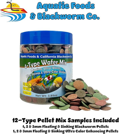 Aquatic Foods Inc. 4-Type 12mm - 1/2" Sinking Wafer Mix of Spirulina-Algae, Ultra-Worm, Shrimp, Color Enhancing for Shrimp, Snails, Crabs, Crayfish, Bottom Fish, 12-Type Pellet Mix Included 6.0oz