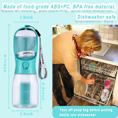 Dog Water Bottle with Food Container & Poop Bag Holder, Travel Water Bowl, Portable Pet Dispenser, Dog Gifts Stuff Accessories Items, Puppy Essentials for Yorkie Chihuahua Walking Hiking