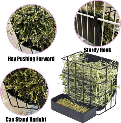Rabbit Hay Feeder Guinea Pig Hay Feeder, Hay and Food Holder with Hook Heavy-Duty Metal Frame Hay Rack，for Bunny, Guinea Pigs,Chinchillas， Comes with Two Multifunctional Zippers-6.8x6.7x6.6inch